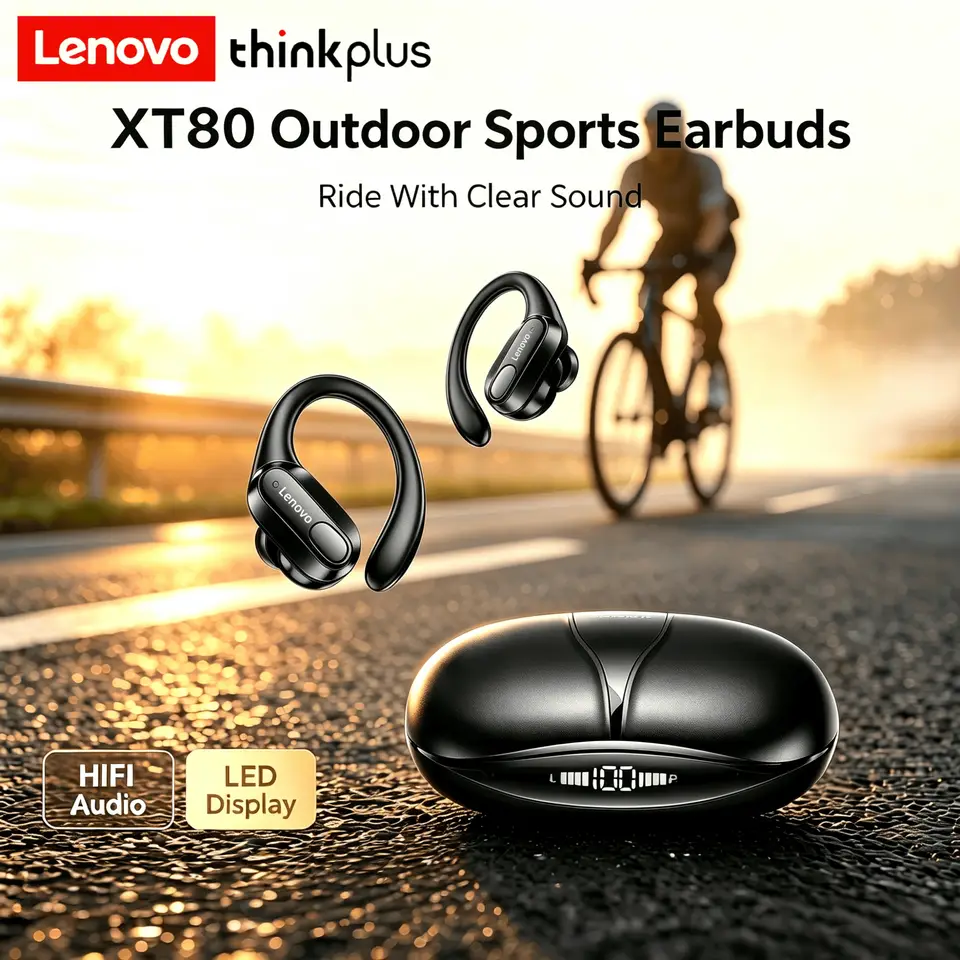 سماعات أذن لينوفو الأصلية XT80 رياضية لاسلكية مع ميكروفونات، شاشة طاقة LED، صوت ستيريو Hifi، بلوتوث 5.3، سماعات TWS - 6