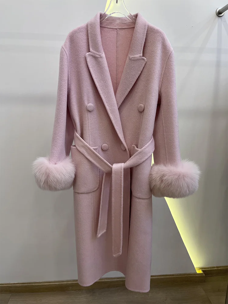 Damski długi, gruby, ciepły płaszcz zimowy z wełny z naturalnym futrem z lisa na mankietach, luksusowa kurtka wierzchnia w stylu streetwear, 2025
