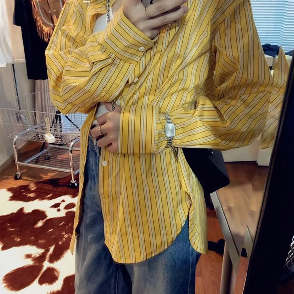 Camisa a rayas amarillas para mujer, de corte holgado, manga larga, blusa informal de estilo coreano, de largo medio, con cuello tipo polo, ideal para la primavera y el verano.