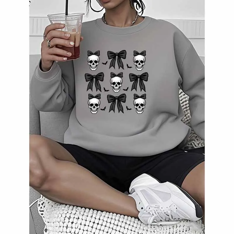 جديد الأكثر مبيعا جولة الرقبة الصوف هوديي مع القوس الجمجمة طباعة هو بلوزة دافئة عصرية وعصرية بلوزات الجمالية