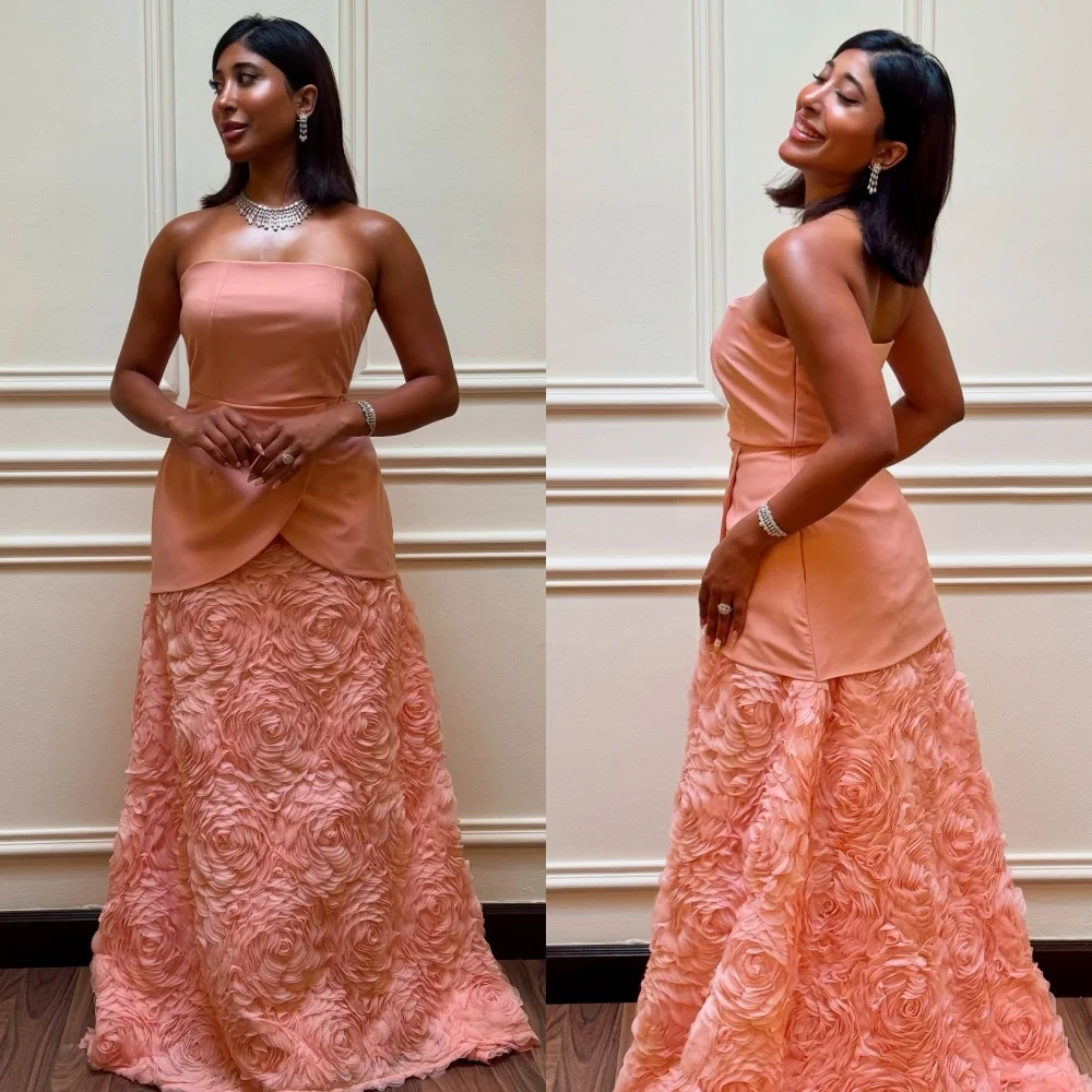 

Customized Modern Style Intricate Jersey Handmade Flower Pleat Straight Strapless Long Dresses Bespoke Occasion Dresses Formal