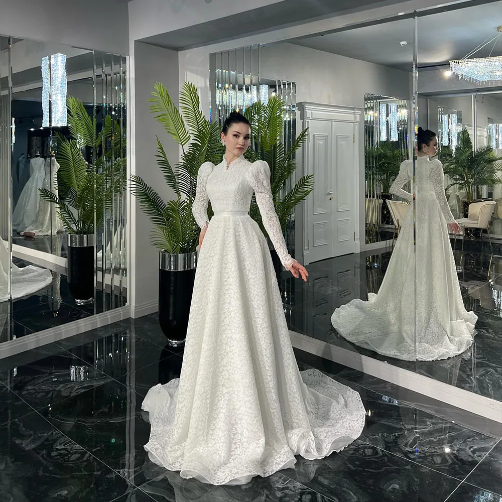 

Elegant Muslim Wedding Dresses with High Neck Long Sleeves A Line Sweep Train Lace Bride Dress Garden Bridal Gown Customized