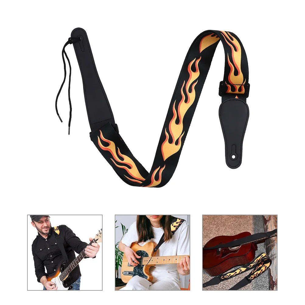 2pcs Guitar Strap For Electric Acoustic Bass Flame Design Durable Polyester Replacement Adjustable Instrument Shoulder