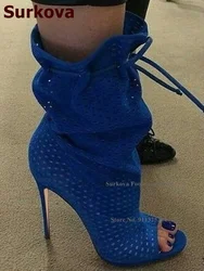 Surkova Royal Blue Suede Small Hole Cut-out Ankle Boots Thin High Heel Lace-up Dress Shoes Ruffle Caged Open Toe Sandals Booties