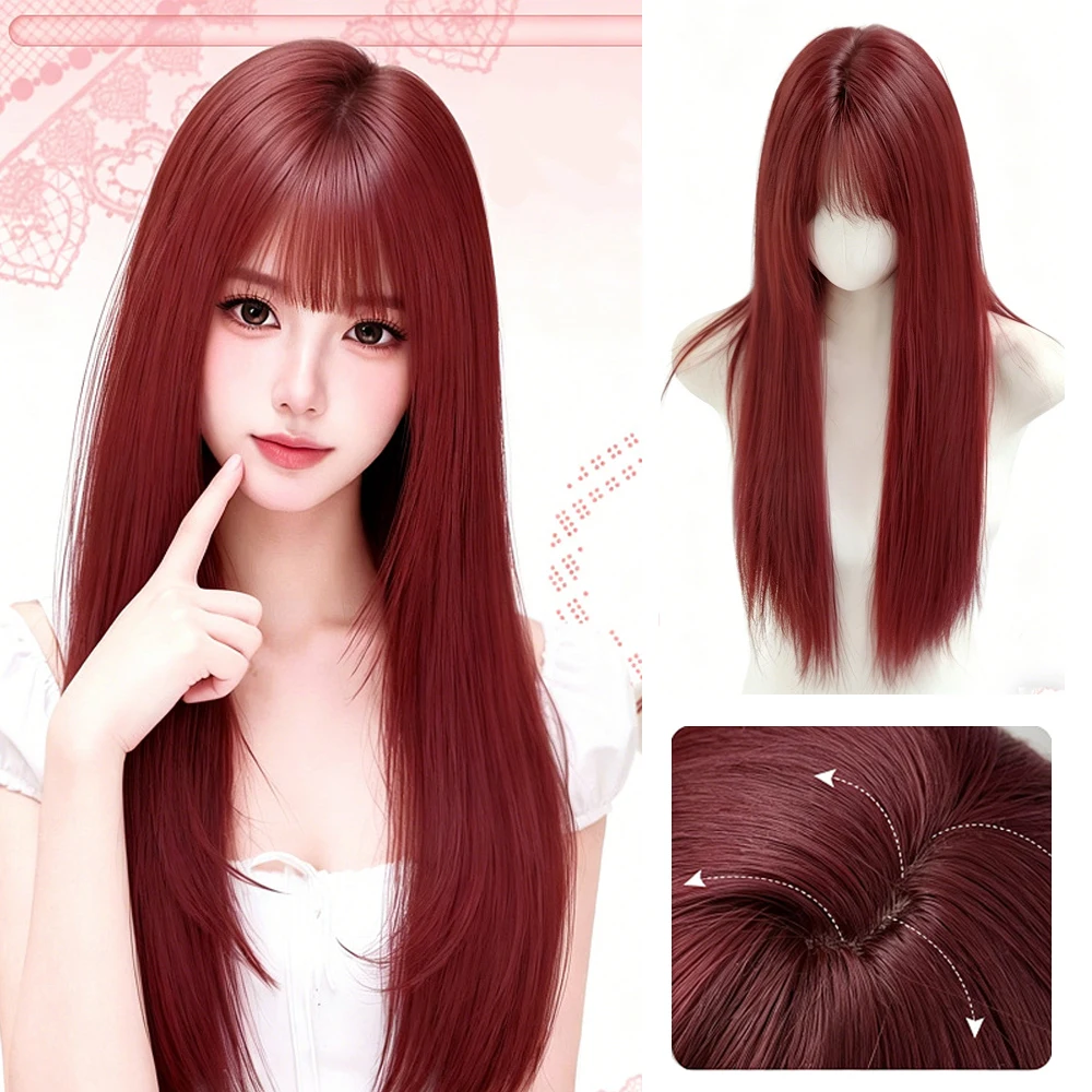 Raspberry Red High Quality Long Straight Synthetic Wig with Bangs Synthetic for Woman daily use and Cosplay Long Women's Wig