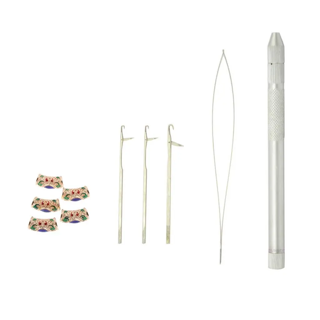 Hair Braid Ring Tube Set Rhinestone Aluminum Beads Extension Loop Hook Needle for DIY Styling Decoration