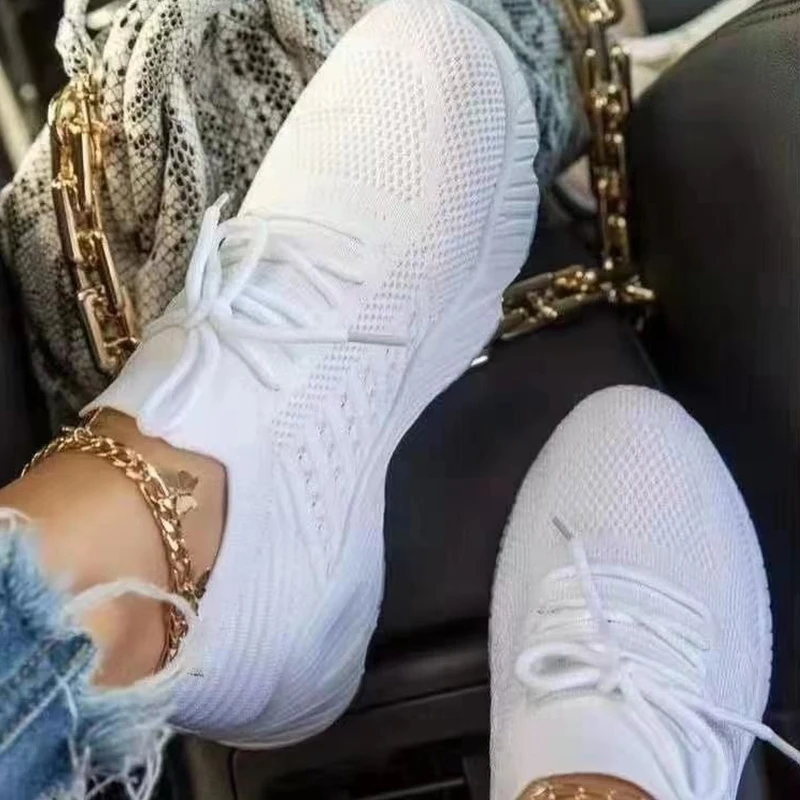 Zapatillas De Mujer sepatu lari wanita, Sneakers datar bertali kasual bersirkulasi musim semi untuk wanita