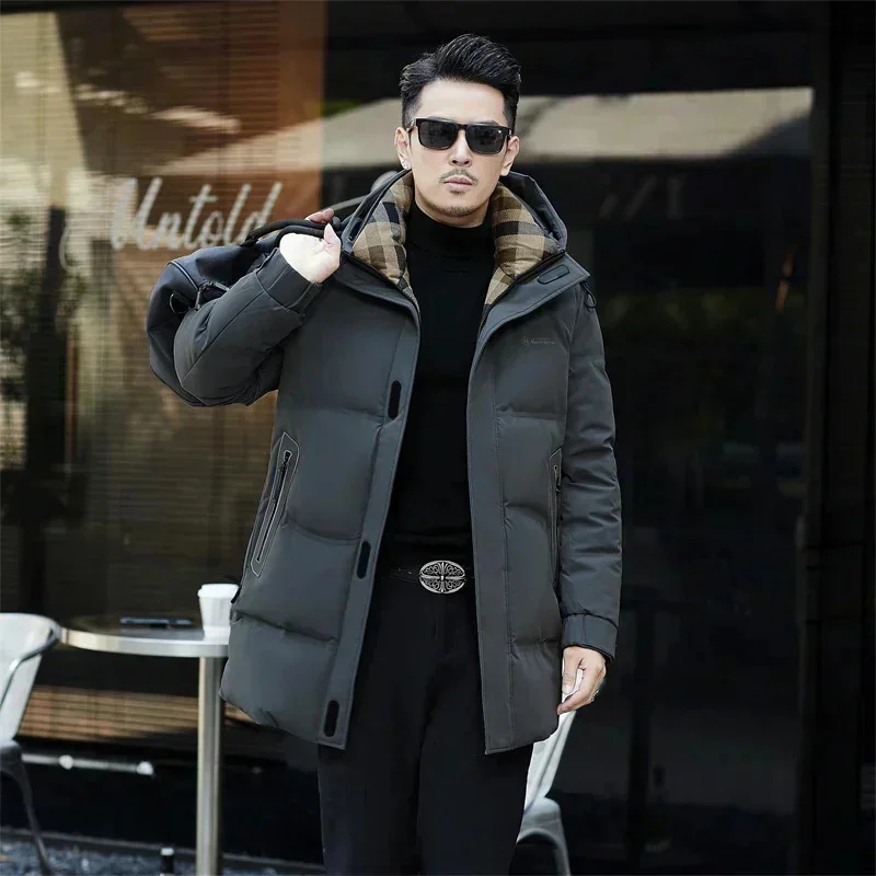 Clothing Mid-length Down Jacket Men's 2025 Winter New Cold-resistant Warm Black Hooded Coat Casual Thickened Top Jack