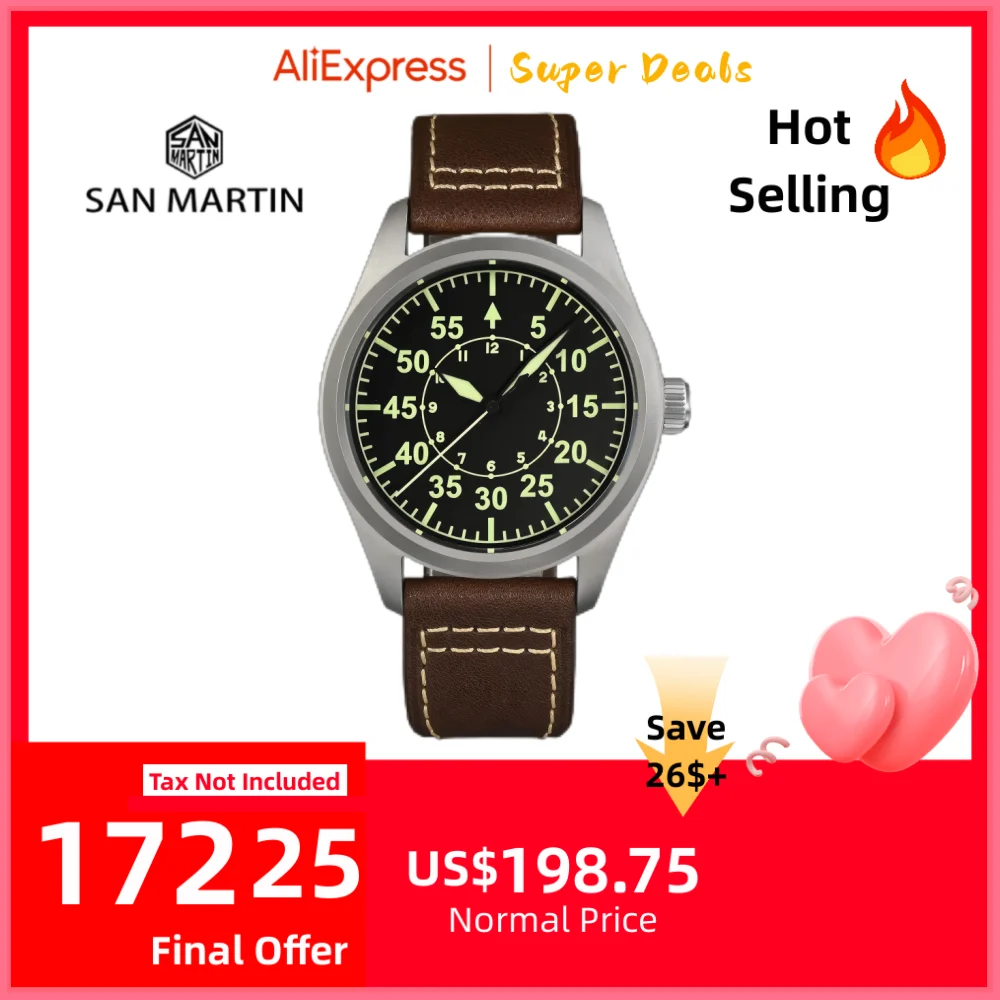 San Martin Pilot Титановые военные энтузиасты YN55 Автоматические механические мужские часы с кожаным ремешком Водонепроницаемые светящиеся SN0030T