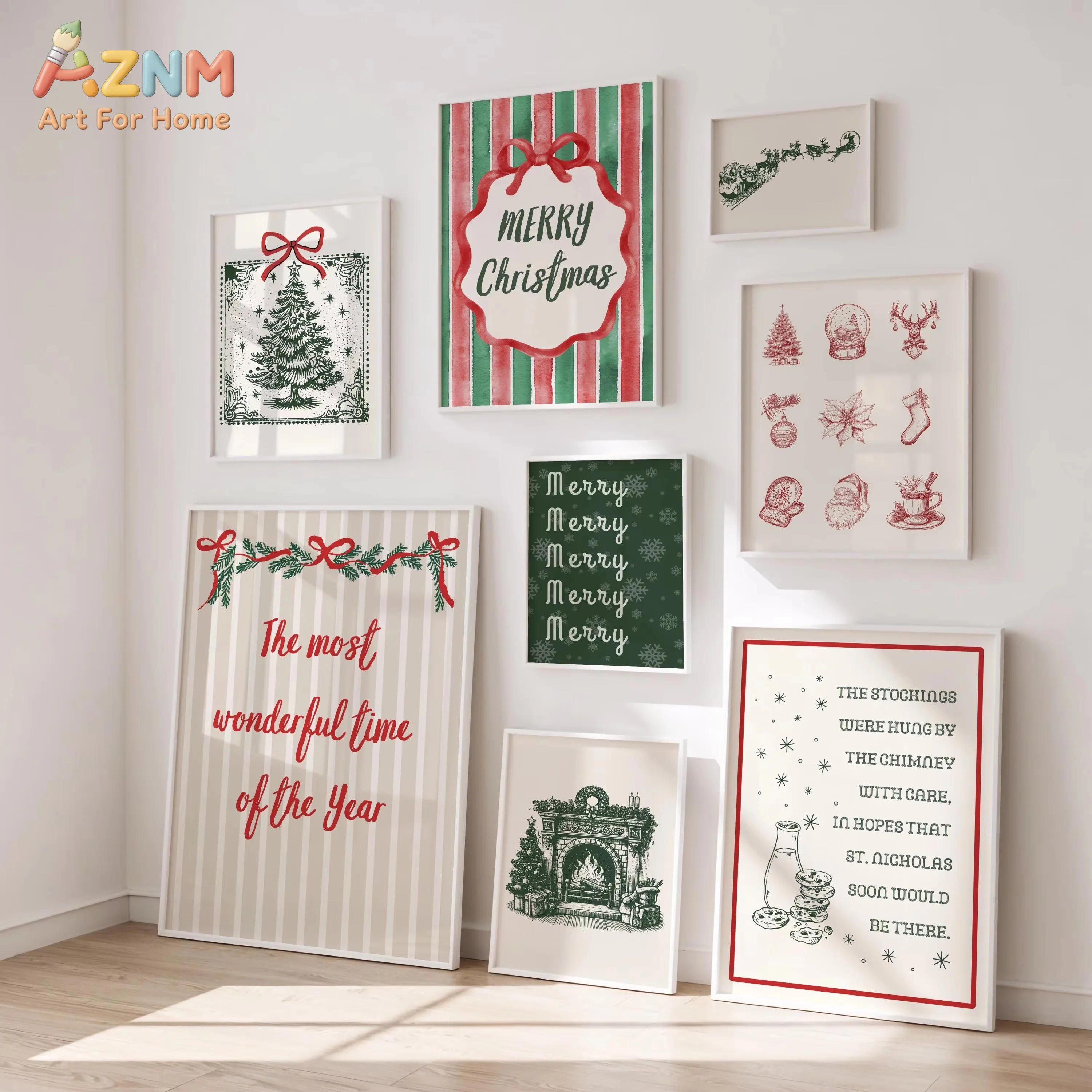 Christmas Wall Art Poster Vintage Holiday Printables Red & Green Christmas Decor Festive Quotes Prints Poster Xmas Party Decor
