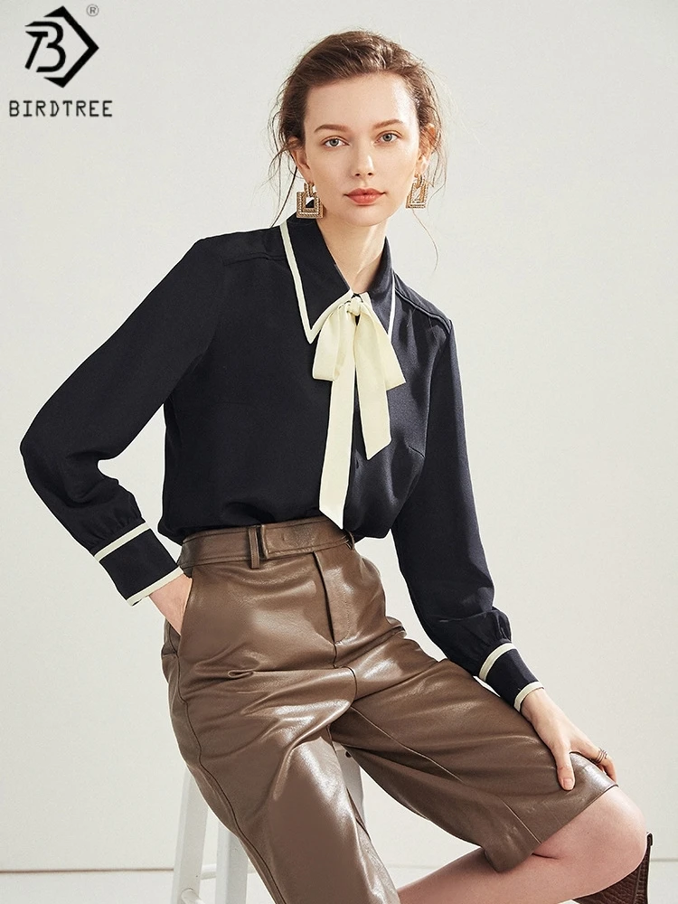 Birdtree, 100% Real Silk Solid Ribbon Blouse, Women Double Crepe Lapel Shirt, Full Sleeve Elegant Tops, 2026 Spring New T61812JF