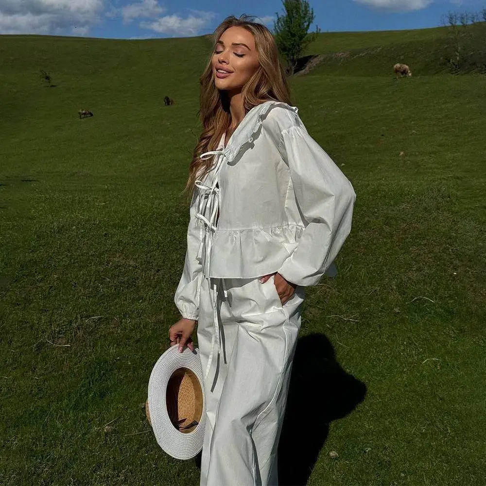 

Pure Cotton Long Sleeve Shirt Wide Leg Pants Casual Set Women's Doll Collar Autumn Winter Fashion Ensemble Comfortable Fit
