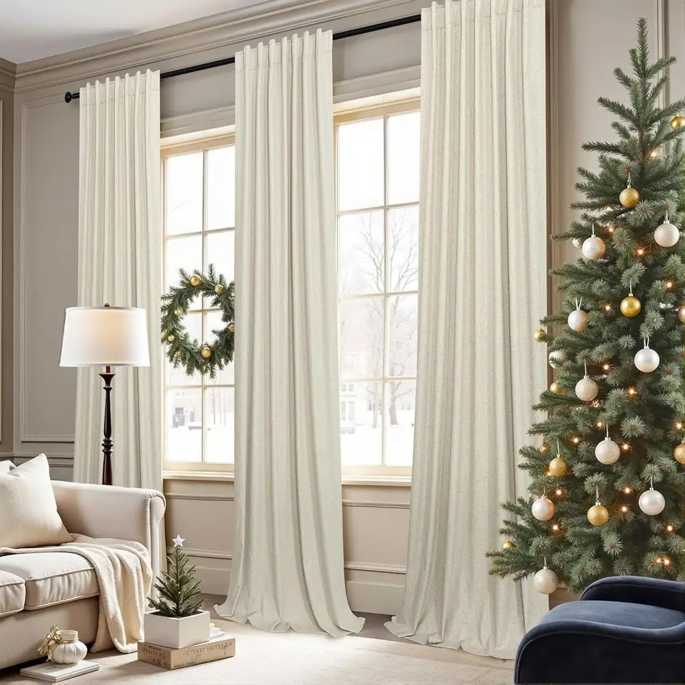 Room Curtains Boho Ceiling to Floor Length Curtains Linen Neutral Drapes Weather Blocking Lightweight Blackout 52x102 Inches Lon