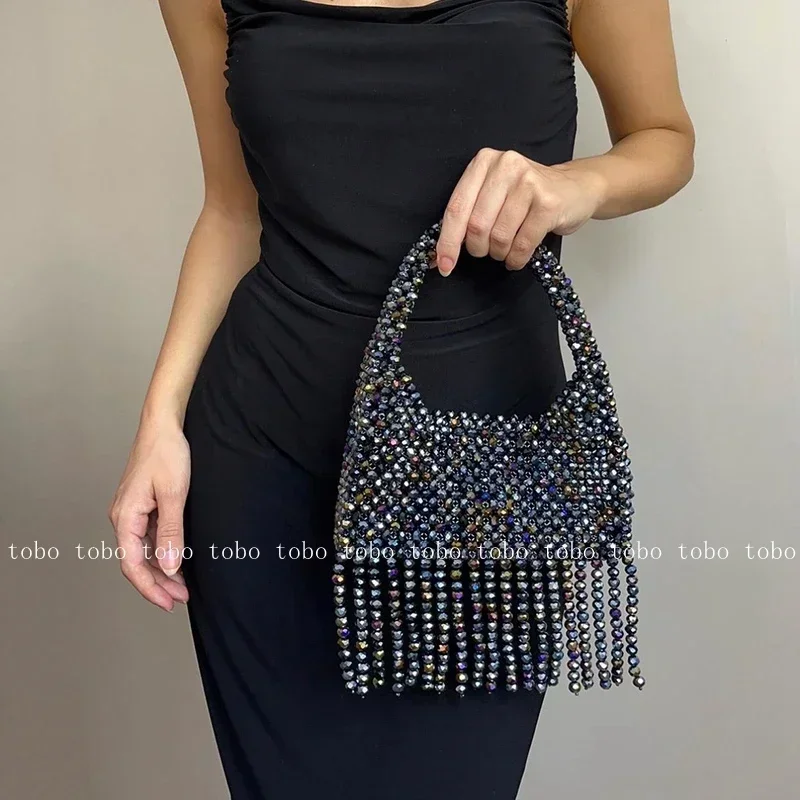 Homemade Half Moon Tassels Luxury Wallets & Holders Shining Beaded Woven Women's Handbags Trendy Summer New Female Bags