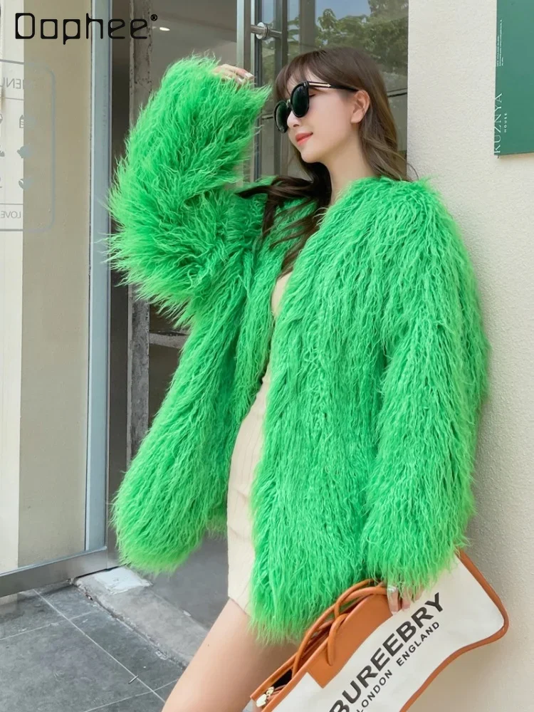 

Warm Green Imitated Fur Coat Female 2023 Winter Clothes Woman Mongolia Sheep Fur Green Three-Button Lamb Fur Mid-Length Coats