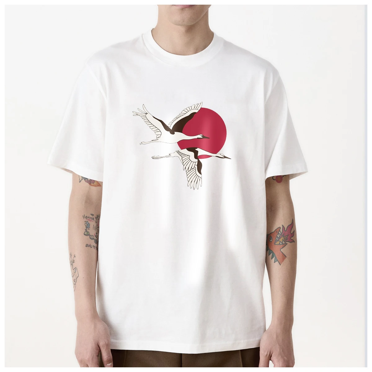 East Tokyo Sakura White Crane Fan Beautiful blessings Tee men's t shirt Women Fashion 100% Cotton summer casual Breathable Tops