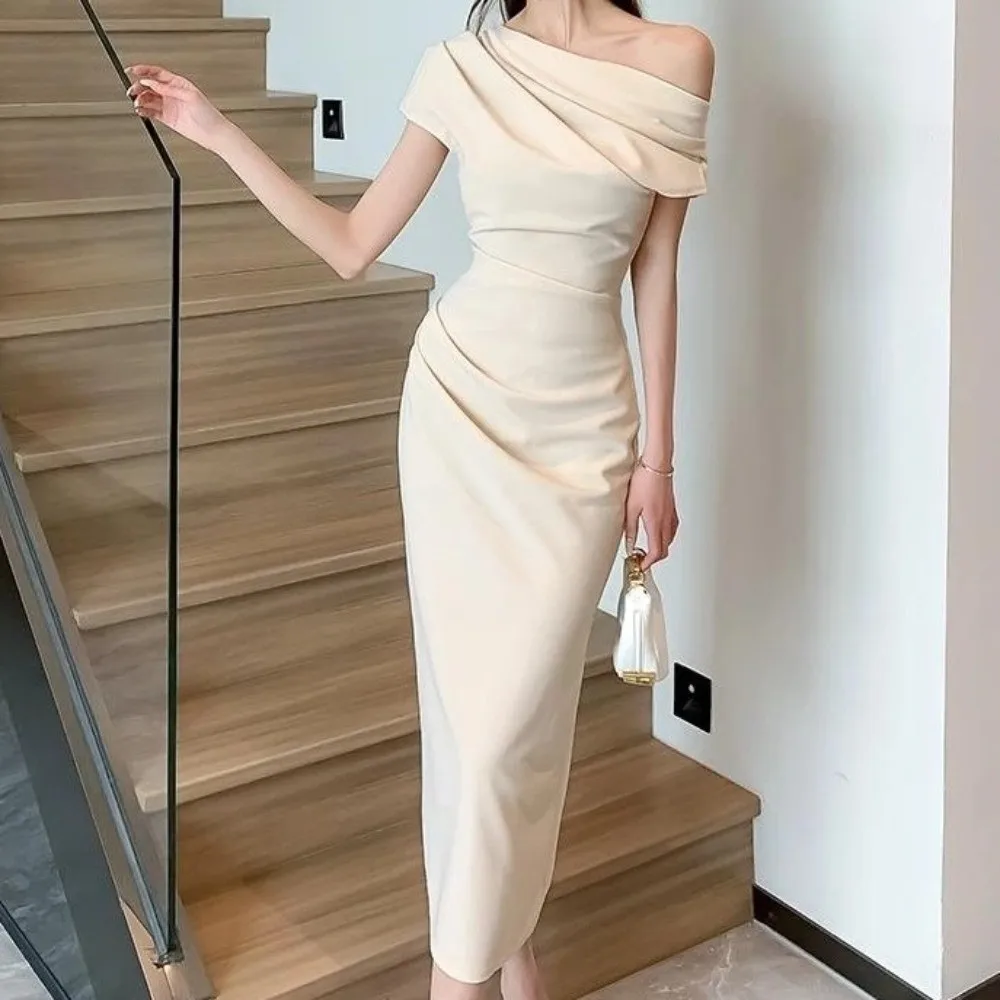 

Long Sloping Shoulder Long Dress Temperament Off Shoulder Slim Fit Long Skirt Solid Color Beige Apricot Korean Style Dress Club