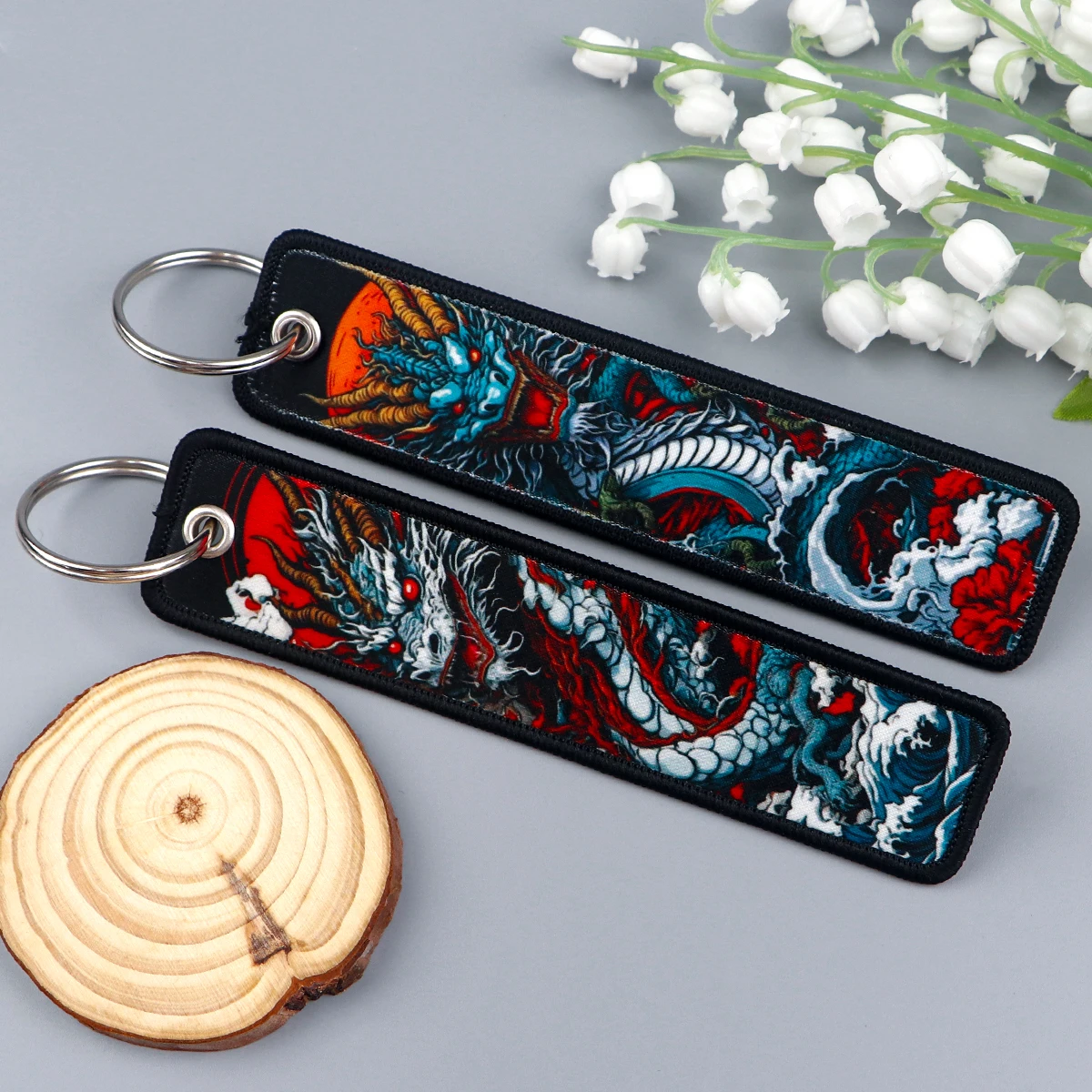 Cool Dragon Embroidery Key Fobs Japanese Waves Key Tags Keychain For Motorcycles Cars Key Ring Accessories Jewelry Chaveiro Gift