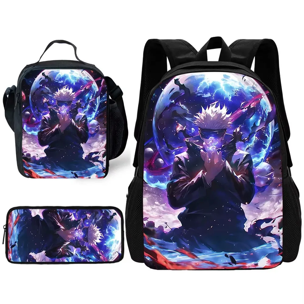أنيمي J-jujutsus Kaisens 3-قطعة مجموعة حقيبة المدرسة مع علب الاغذية مقلمة طالب لطيف الكتب الفتيات الفتيان المراهقين حقيبة مدرسية