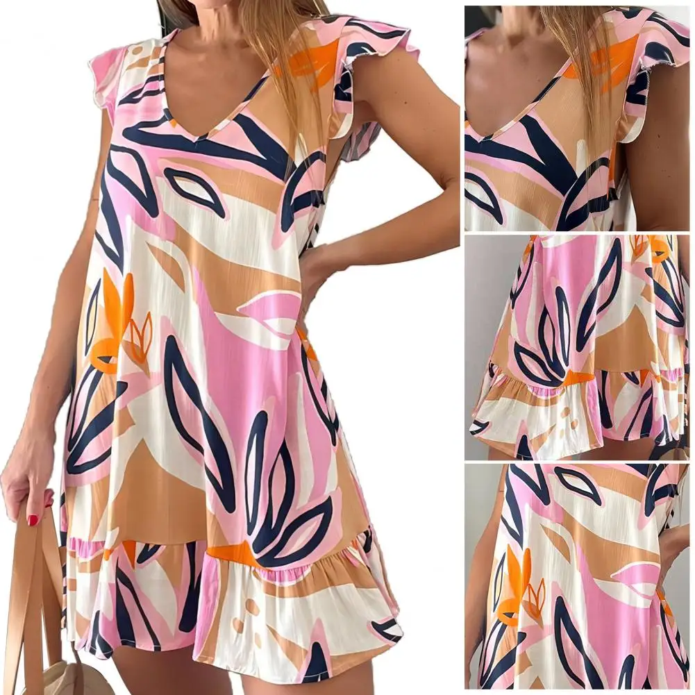

Loose Fit Dress Women Dress Floral Printed V Neck Ruffle Dress Stylish Sleeveless Mini for Beach Party Dating with Pleated Hem