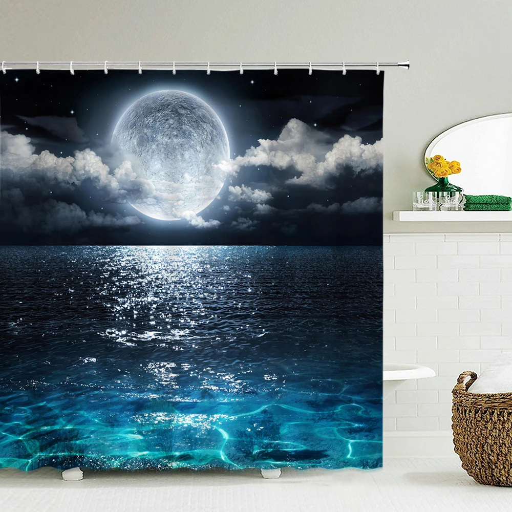 Night View Starry sky Earth Moon 3D Printing Shower Curtain with Hooks Waterproof Fabric Home Bathroom Curtains 180x180CM