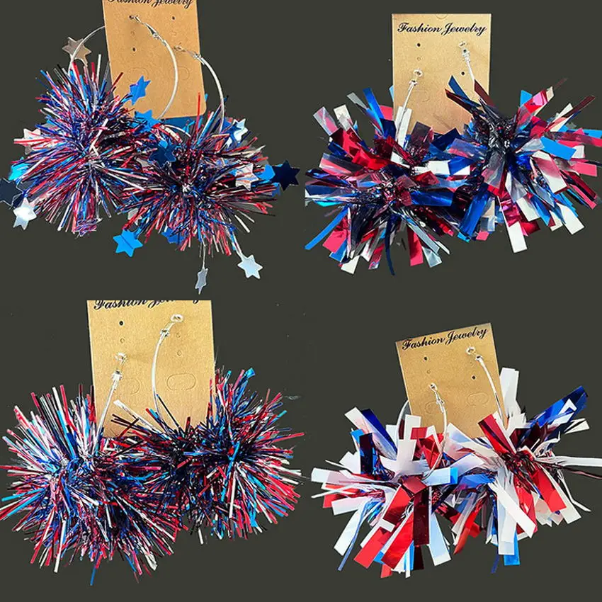 4th of July Large Iridescent Red White Blue Tinsel Earrings for Women Sparkle Pom Pom Earring Independence Day Jewelry Wholesale