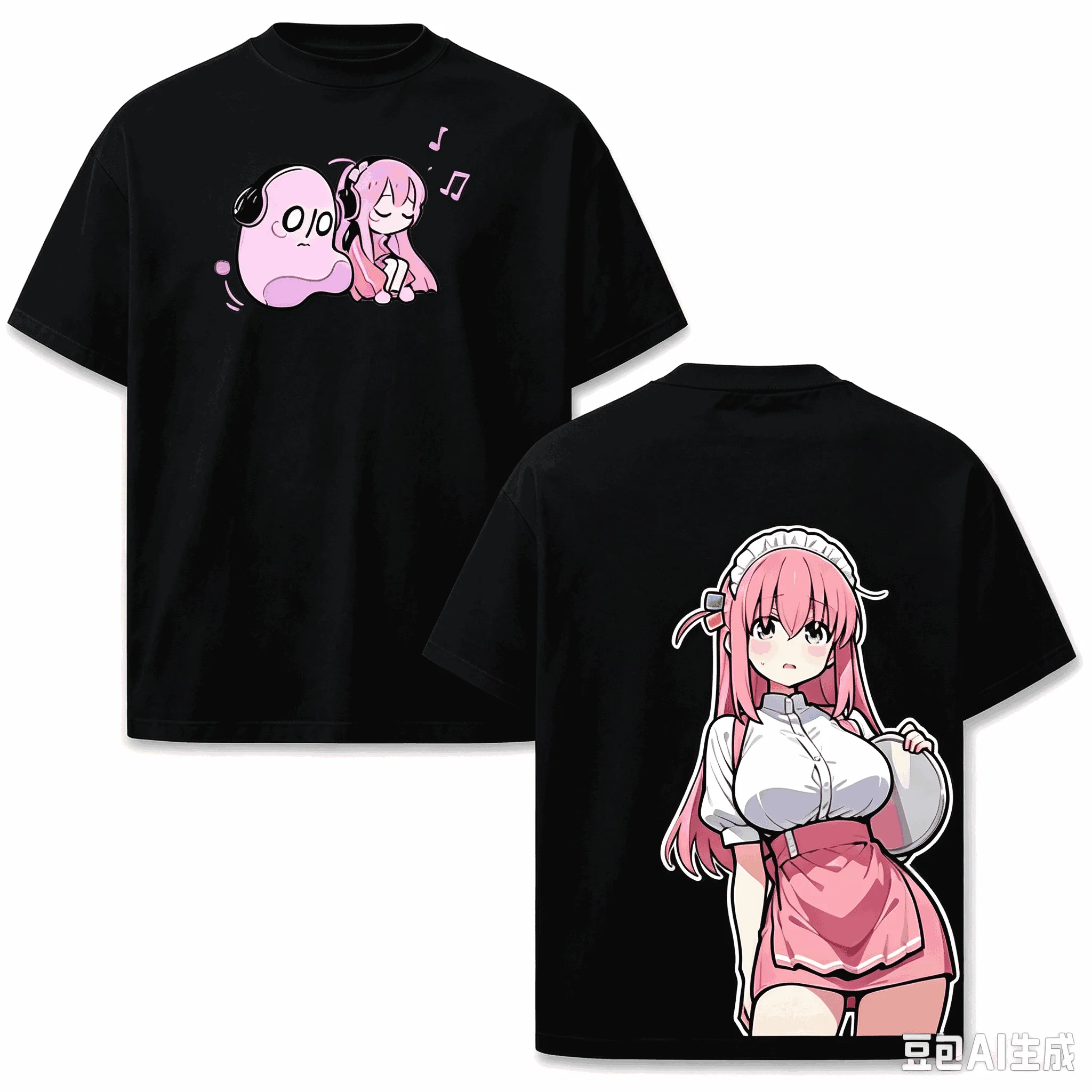 Anime Bocchi The Rock Hitori Gotoh Maid Outfit Double‑Sided Print T‑Shirt Men Women Vintage Y2K Gothic Cotton Oversized T-shirts