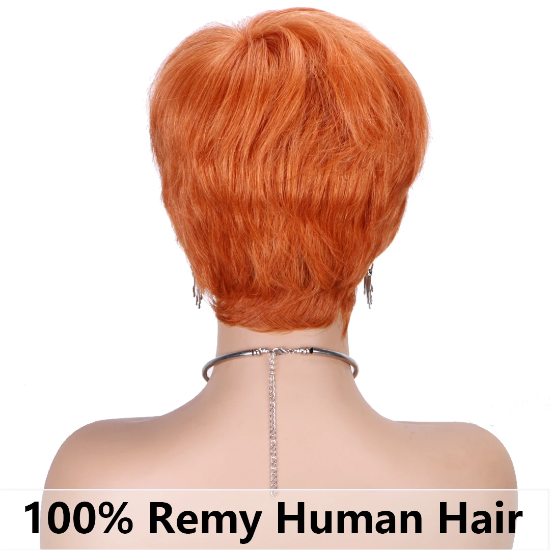 Layered Pixie Cut Human Hair Wigs for Black Women Short Orange Ginger Human Hair Wig with Bangs 100% Brazilian Remy Straight Wig