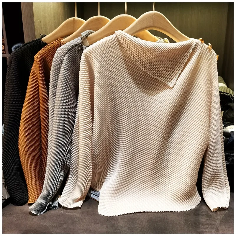 

Женская плиссированная блузка Miyake, весна 2026, новая модель, с отложным воротником, свободного кроя, универсальная, с длинным рукавом, простая повседневная, для работы, эластичная, женская