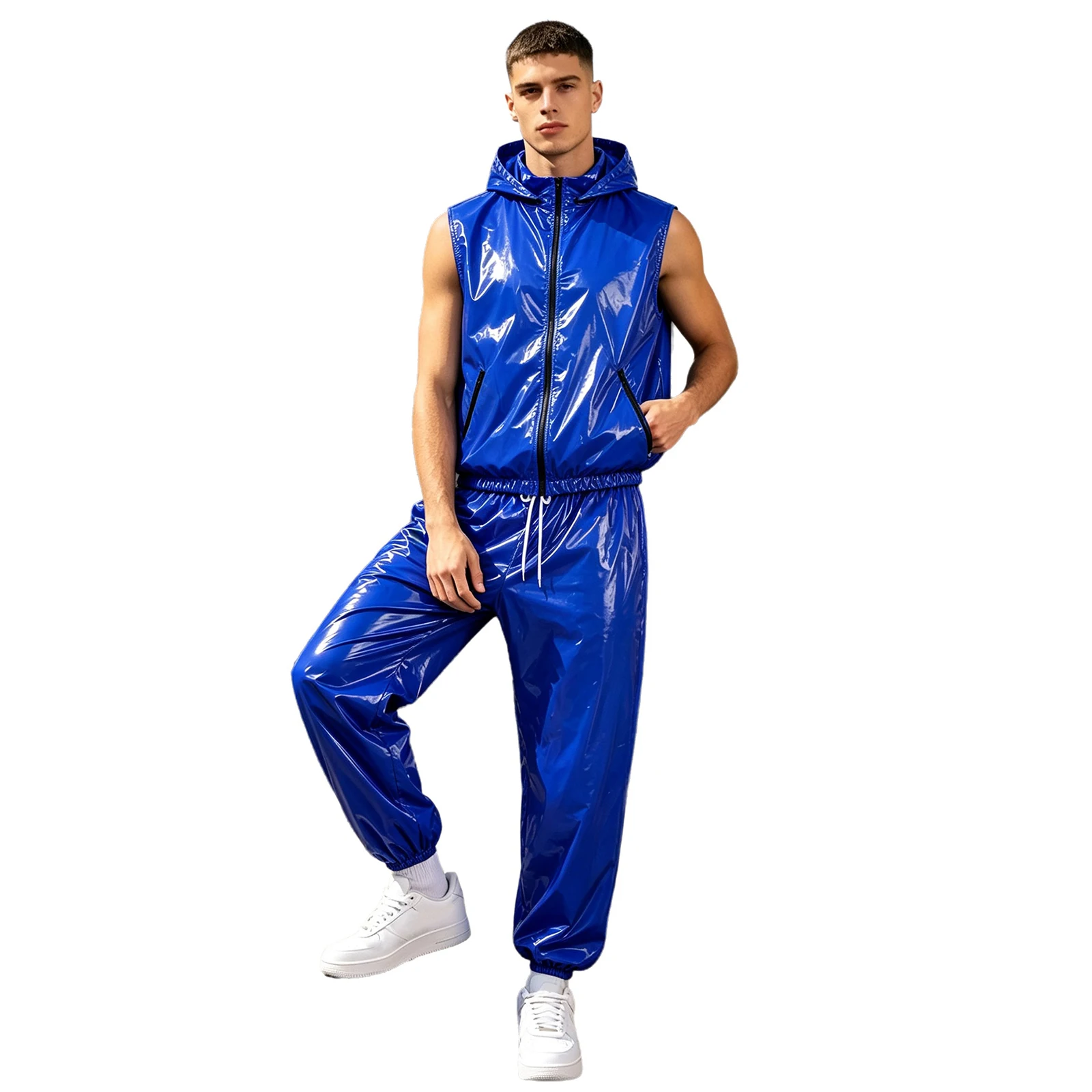 Mens Waterproof Sauna Outfit Glossy Sweat Suit Hooded Tracksuit Hooded Jacket Vest with Jogging Pants for Workout Cycl Training view 2