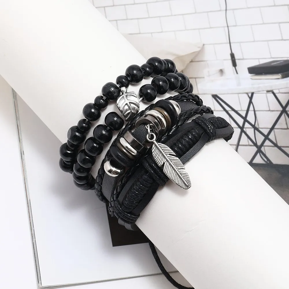 Beliebte Perlen Armband für Männer DIY Vintage Feder Anhänger einfache vielseitige Armband Herren hand gefertigten Charme schwarz Armband