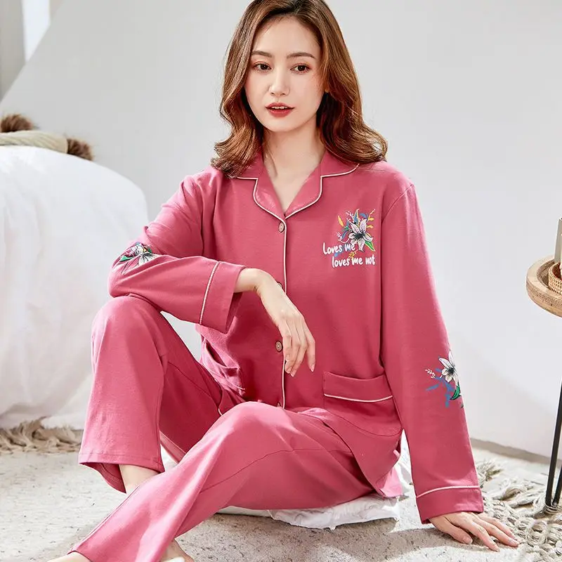 New Pure Cotton Pajamas, Long-sleeved Cardigan for Women, Middle-aged Plate-sized Spring and Autumn Home Wear Set, Thin Comfort