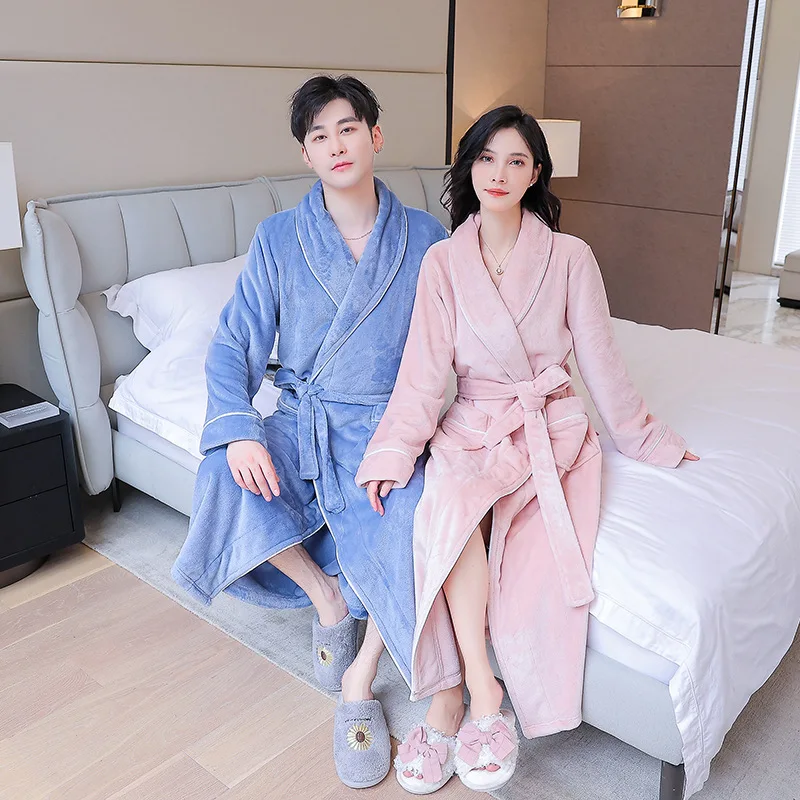 Bathrobe Men's Loungewear Autumn Winter Long Robe Coral Velvet Plush Thicker Shawl Couple Nightgown Flannel Warm Sleepwear