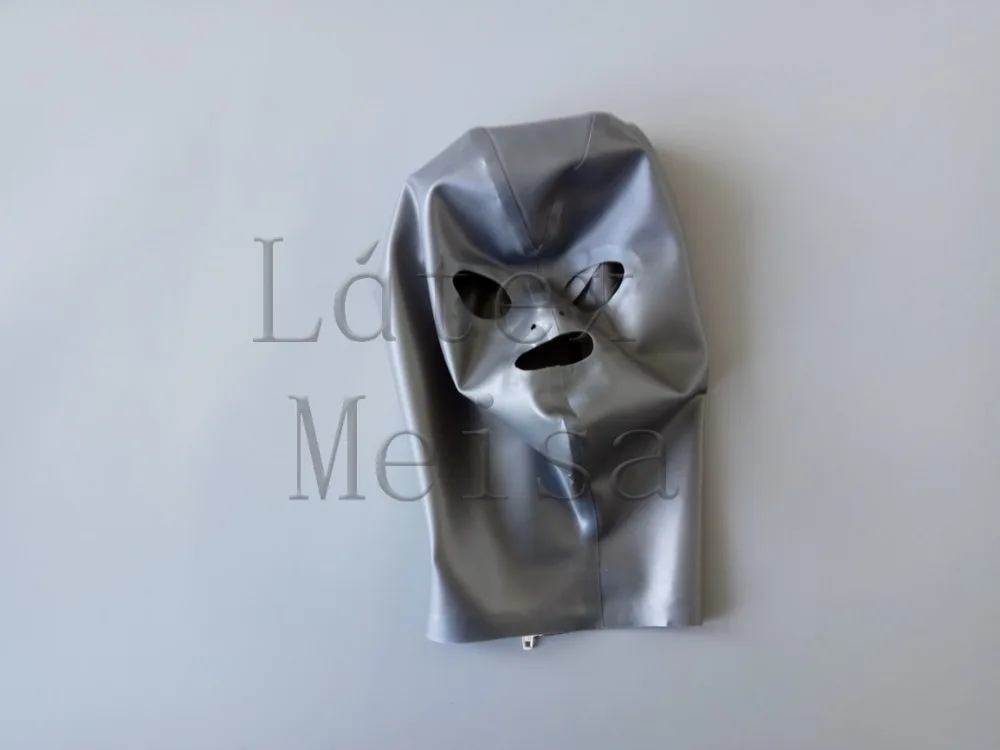 Bling metallic grijze latex catsuitmasker open ogen neusgaten en mond met ritssluiting aan de achterkant voor heren