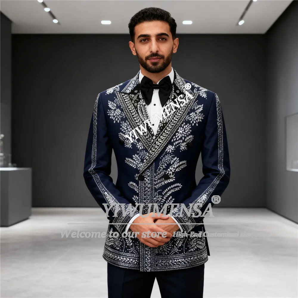 

Customized Sliver Beaded Stones Men Suits Peak Lapel Groom Wedding Tuxedos 2 Pieces Sets Male Prom Blazers Outfits Ropa Hombr