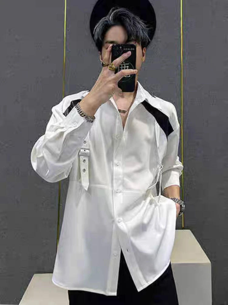 

Мужская модная повседневная рубашка с черными кожаными ремнями на пуговицах в стиле панк, универсальный весенне-осенний топ для острых уличных одежды