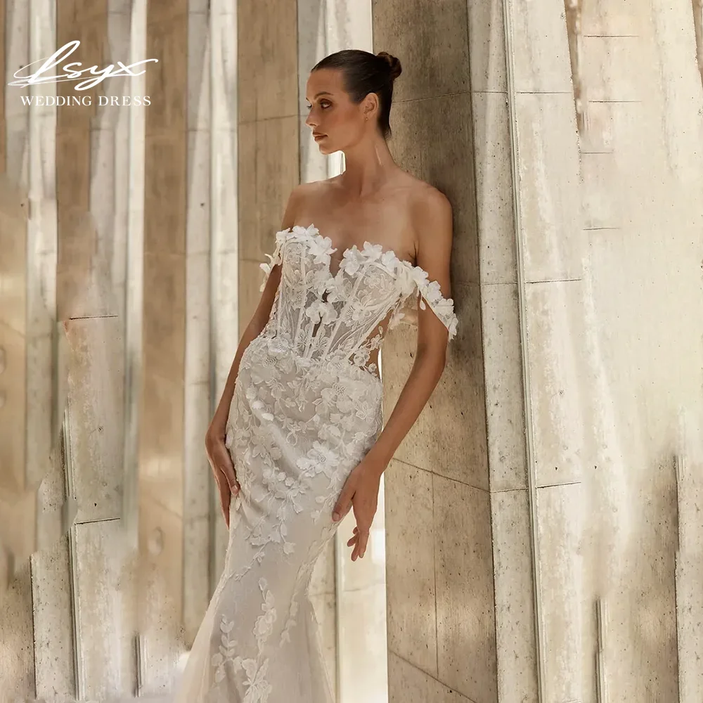 LSYX Aangepaste Zeemeermin Uit De Schouder Open Rug Strapless Vloerlengte Kant 3D Bloem Trouwjurk 2025, Vestidos De Novia