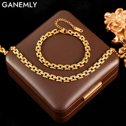 GANEMLY 316L Stainless Steel Geometric Necklace Bracelets Waterproof Jewelry Charm Metalic Gold Color Chain Fashion Lady Gift