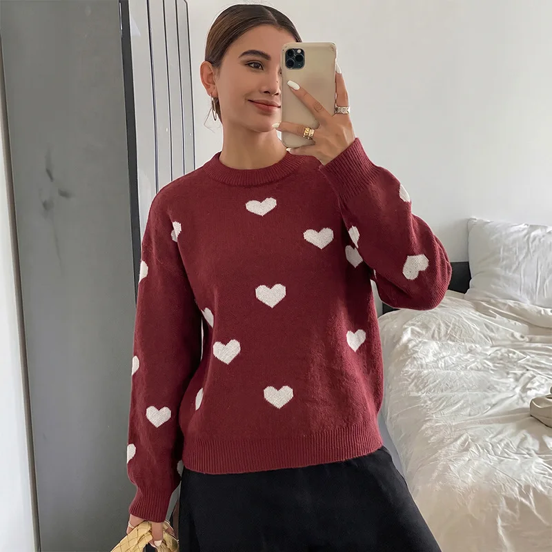 Chic Autumn and Winter Jumpers Festival Simple Light and Mature Wind Knitted Sweater Love Jacquard Crew Neck Loose Sweater Y2K