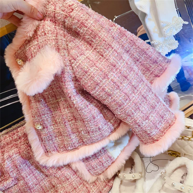 

Girls' Outfit Children's Stylish Fleece-Lined Short Padded Jacket and Skirt Autumn Winter Two-Piece Set Children's Clothing