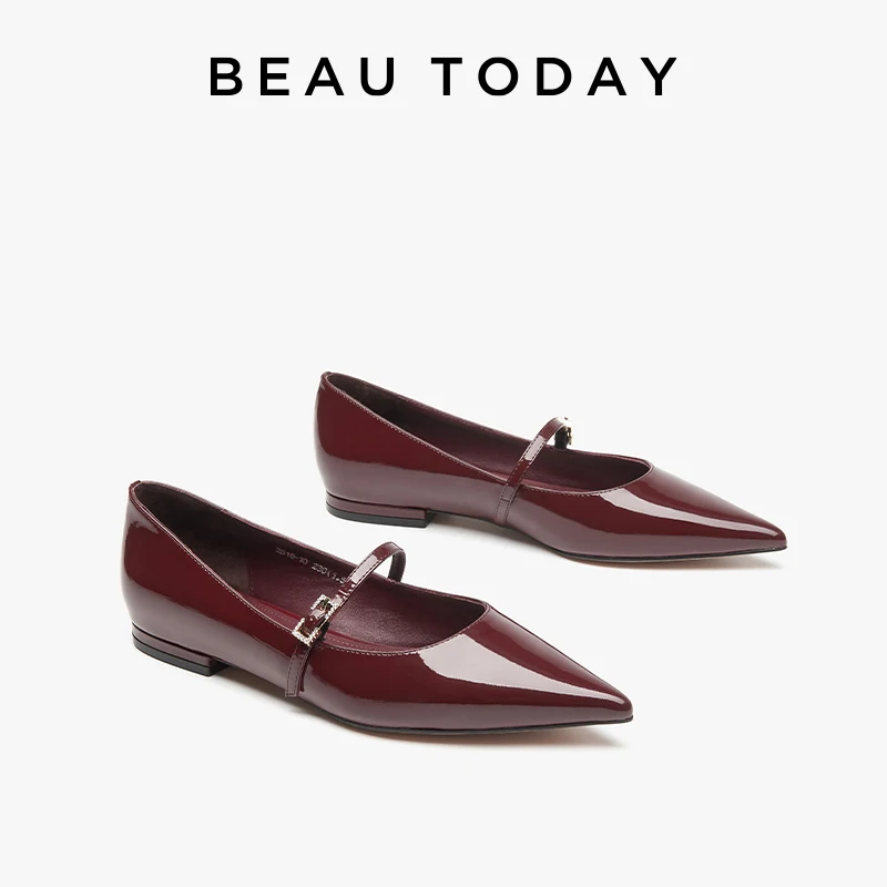 BEAUTODAY Mary Janes Women Patent Leather Pointed Toes Buckle Straps Solid Flats Elegant Parties Shoes Female Handmade 18274