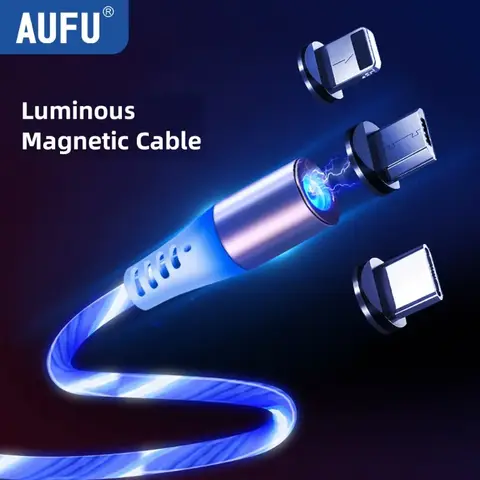 AUFU LED 마그네틱 케이블 흐름 빛나는 조명 마그네틱 마이크로 USB 유형 C 케이블 충전기 코드 iPhone Samsung Huawei Xiaomi