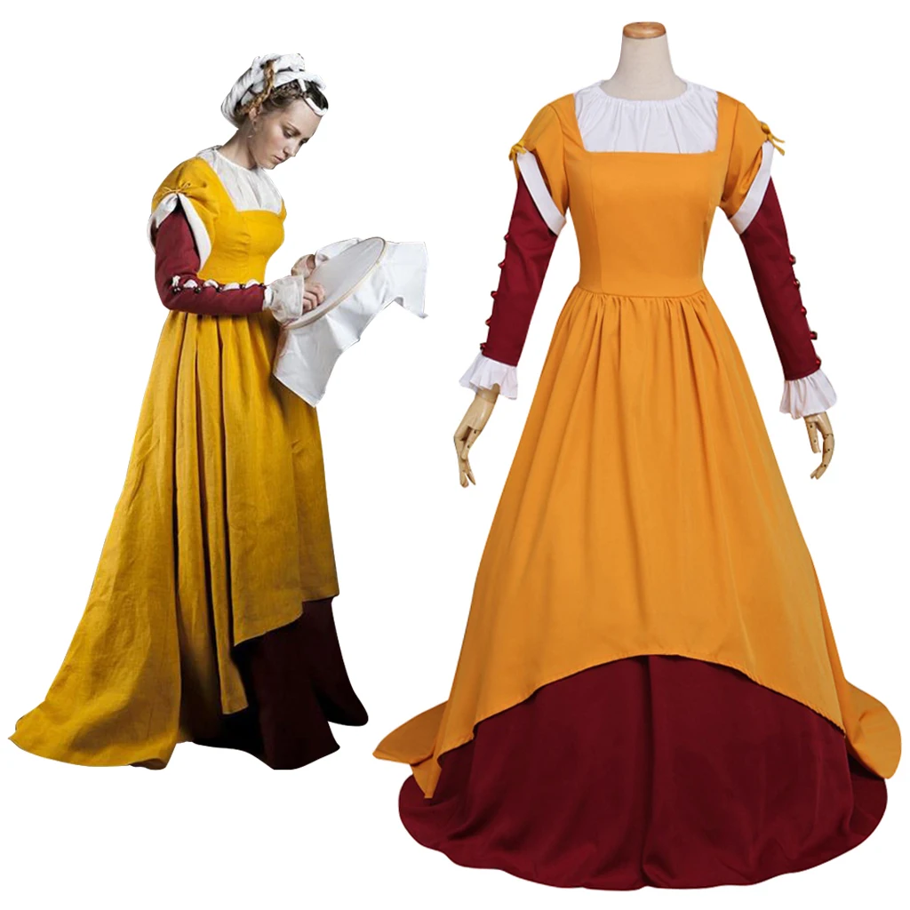 

Medieval Renaissance Victorian Costume Women Vintage Gothic Yellow Tea Party Dress Halloween Carnival Court Cosplay Gown