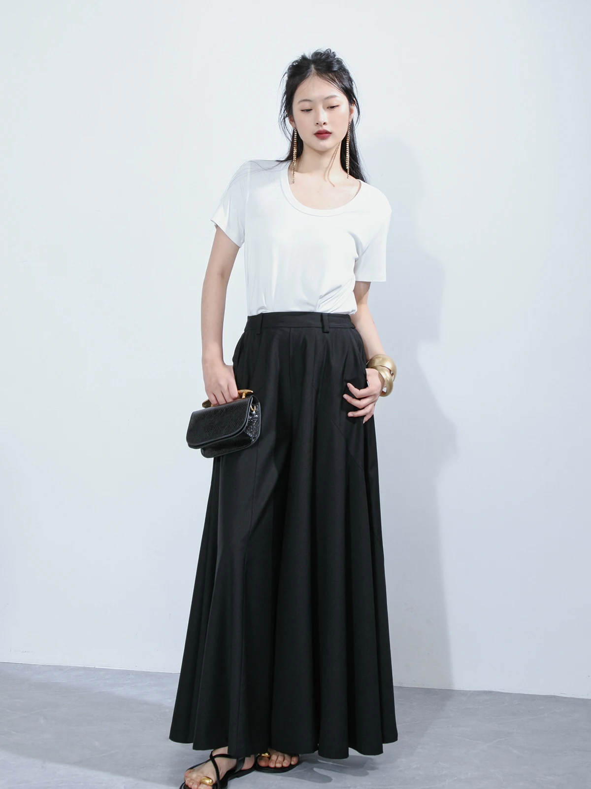 

Оригинальный дизайн, весенне-летние широкие брюки для женщин, с высокой талией, на резинке, драпированные, черные, утягивающие, повседневные брюки