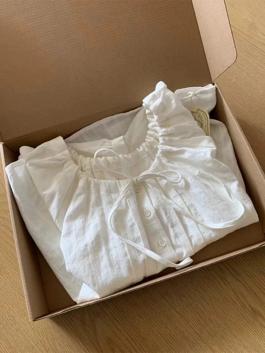 

Faionable French Sle Women's irt Puffy Sves Bow Tie Doll Top Summer Slim Fit ort Sve round Ne Pure Color