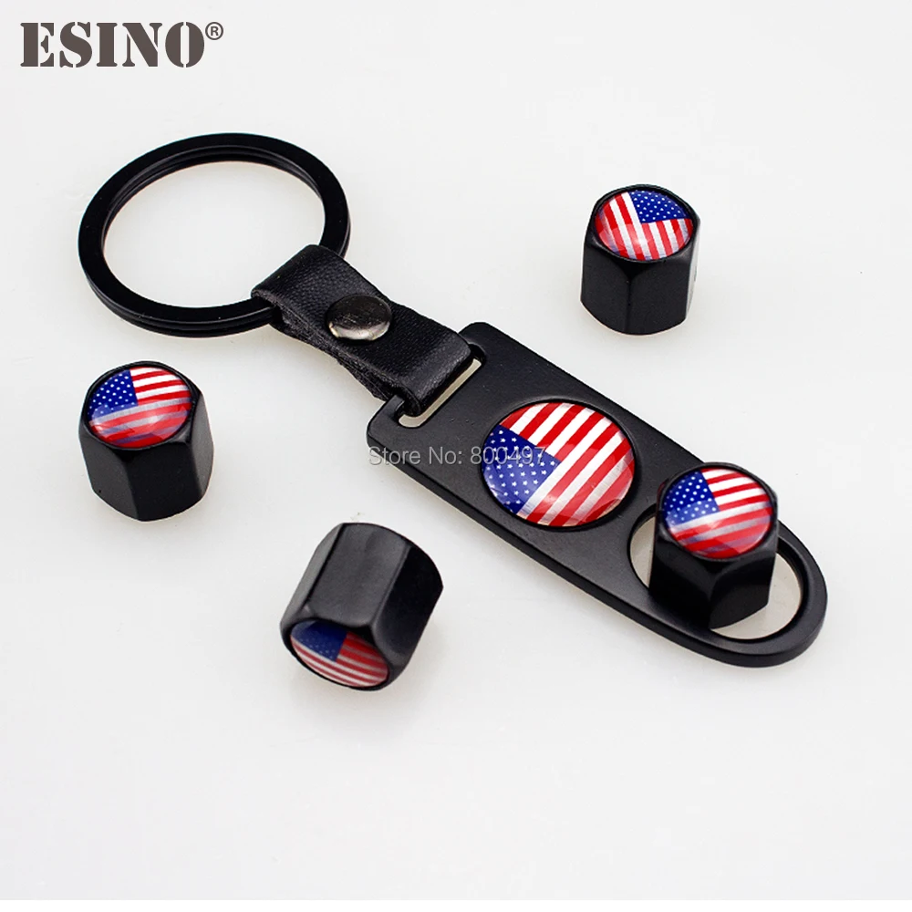 4 x Car Stainless Steel Zinc Alloy Wheel Tire Valve Stems Caps US America National Flag Universal with Mini Wrench Key Chain