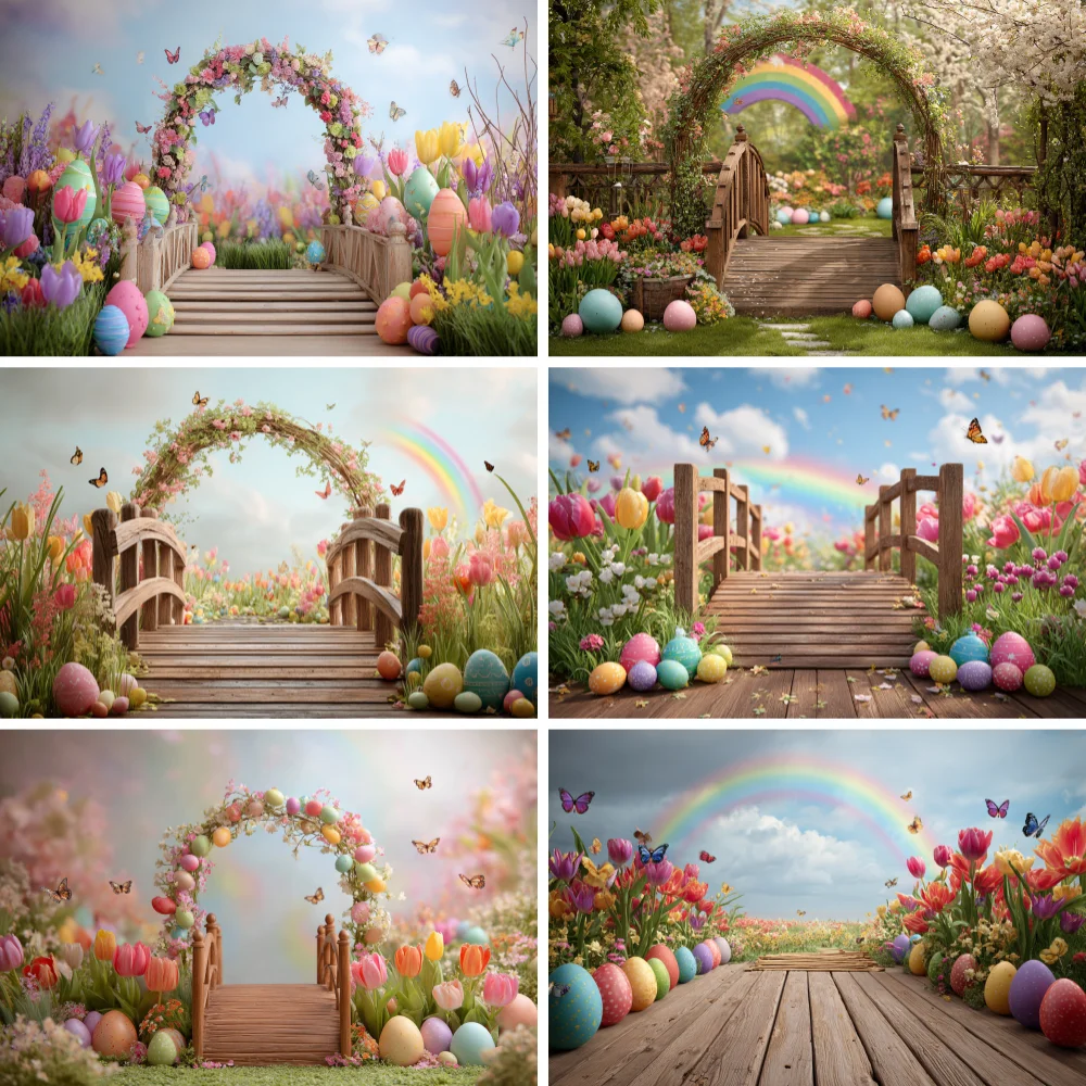 

Happy Easter Backdrop Photography RainbowScene Wooden House Flowers Rabbit Bunny Eggs Birthday Party Decor Baby Background