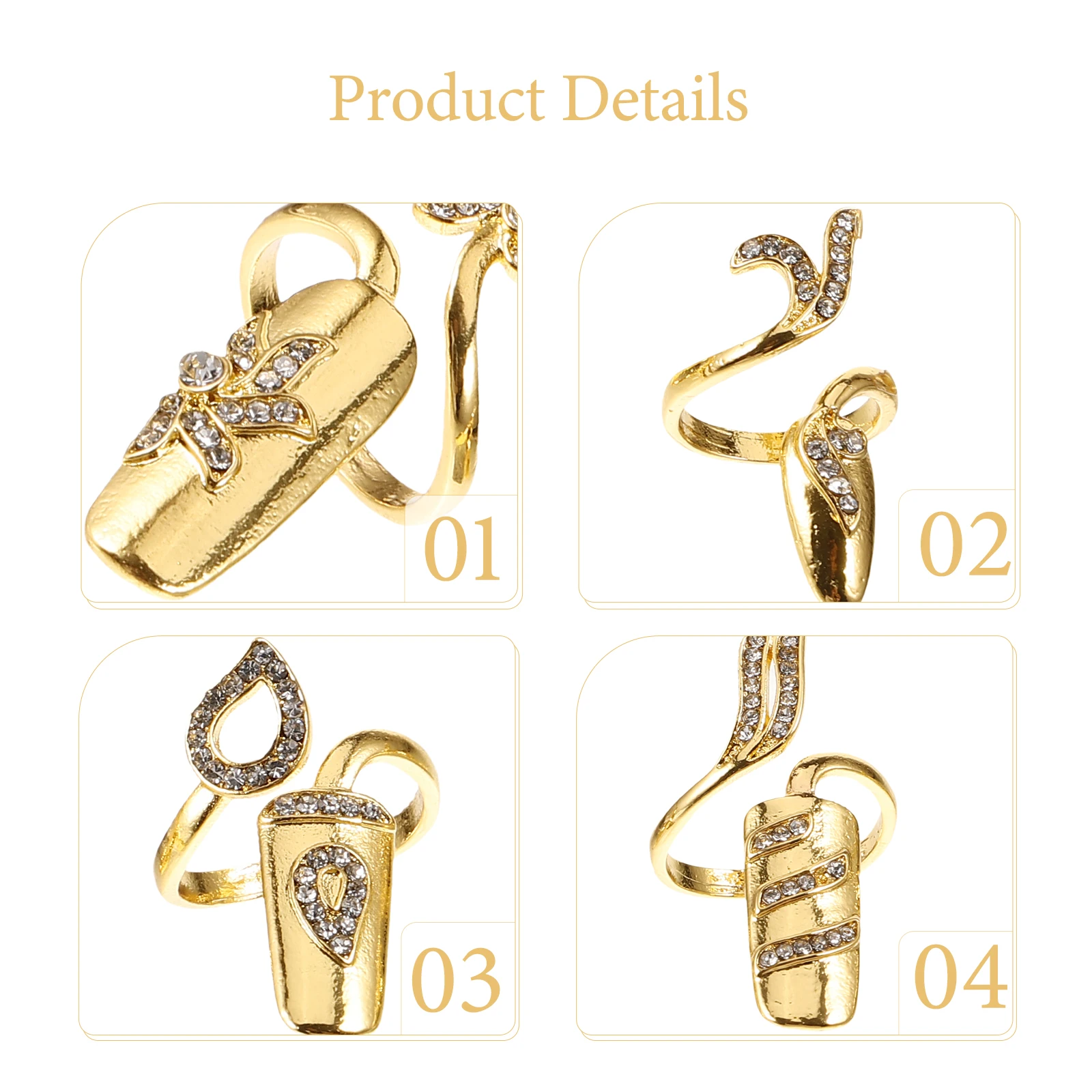 

4 Pcs Diamond Nail Set Miss Ring Decorative Alloy Glitter Claw Finger Tips
