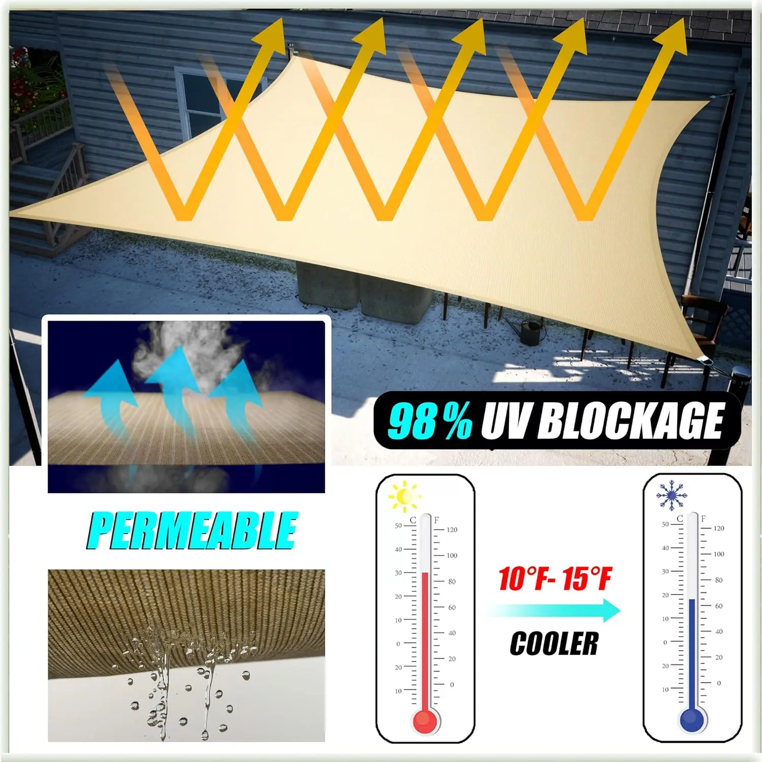 Custom Size 9' x 12' Grey Rectangle Square Sun Shade Sail UPF50+ AGTAPR0810, Order to Make Canopy Awning, 95% UV Blockage, Water
