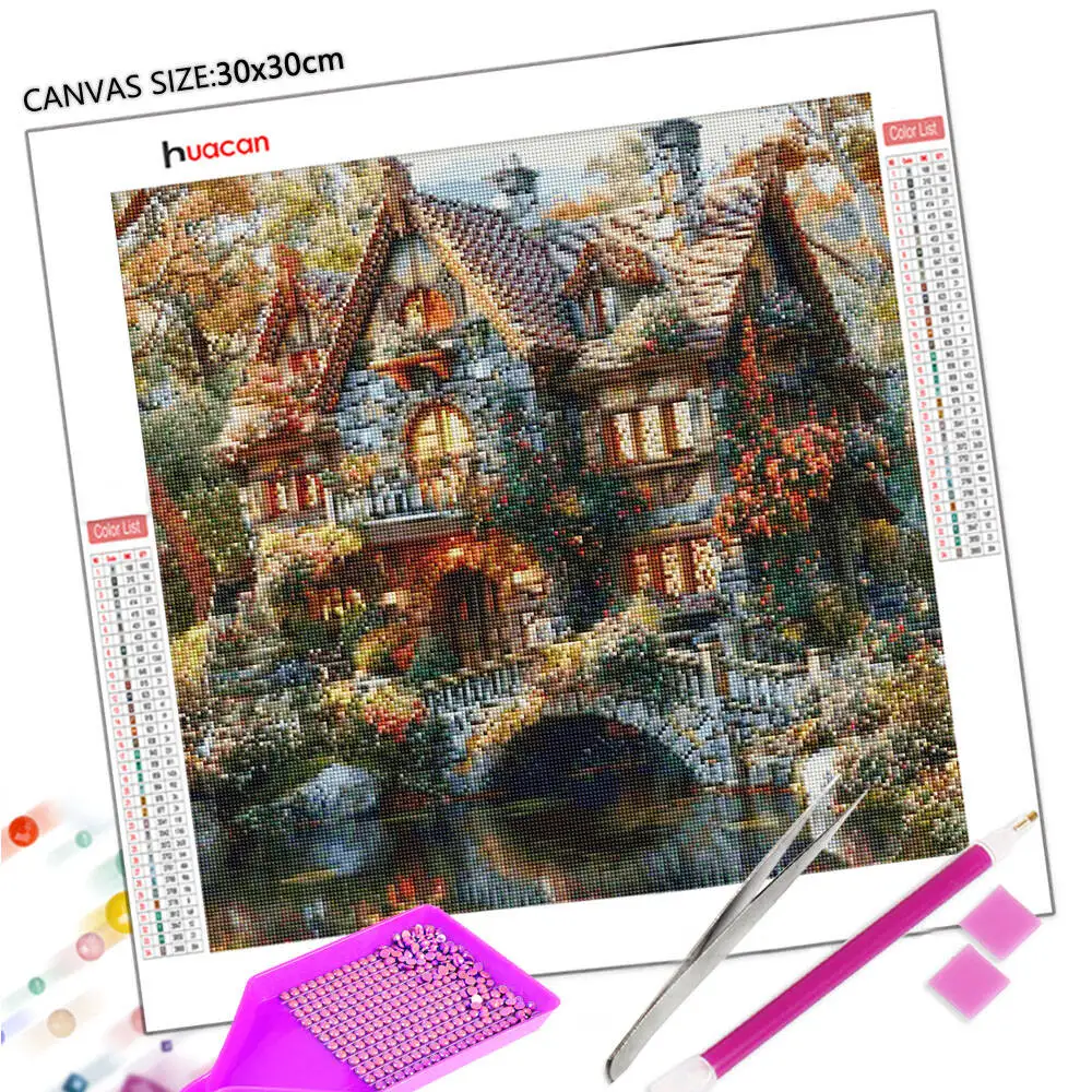 Huacan 5D DIY Diamond Embroidery House Picture Rhinestones Mosaic Art Bridge Landscape New 2025 Diamond Painting Wall Art
